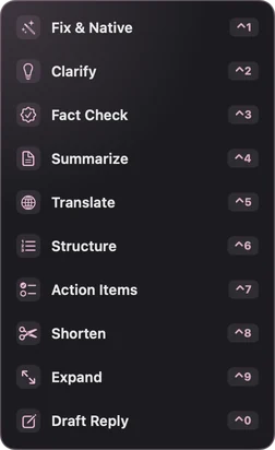 The action picker that opens from the floating button: Fix & Native, Clarify, Fact Check, Summarize, Translate, Structure, Action Items, Shorten, Expand and Draft Reply, with Control+1 to Control+0.