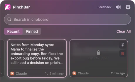 Clipboard history with a meeting-notes card and a locked card that says Click to unlock.