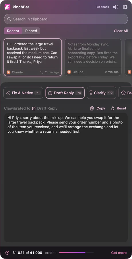 The PinchBar panel with a Draft Reply result for a customer message.