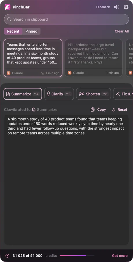 The PinchBar panel with a research paragraph selected and its one-sentence Summarize result.