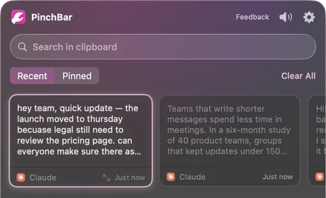 The top of the PinchBar panel with recent clipboard history.