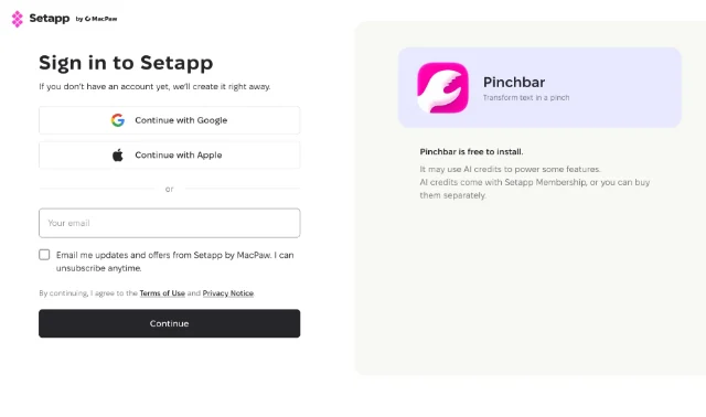 The Setapp sign-in page showing PinchBar, Transform text in a pinch.