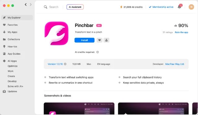 PinchBar's page in the Setapp app.