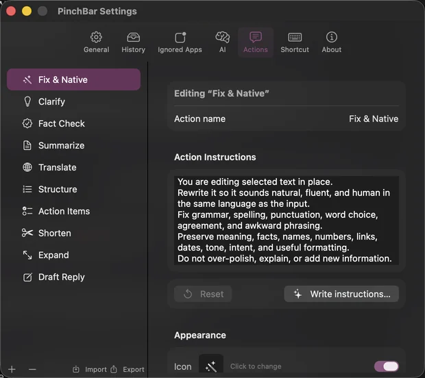 PinchBar Settings, Actions tab: the list of ten actions and the editable instructions for Fix & Native.
